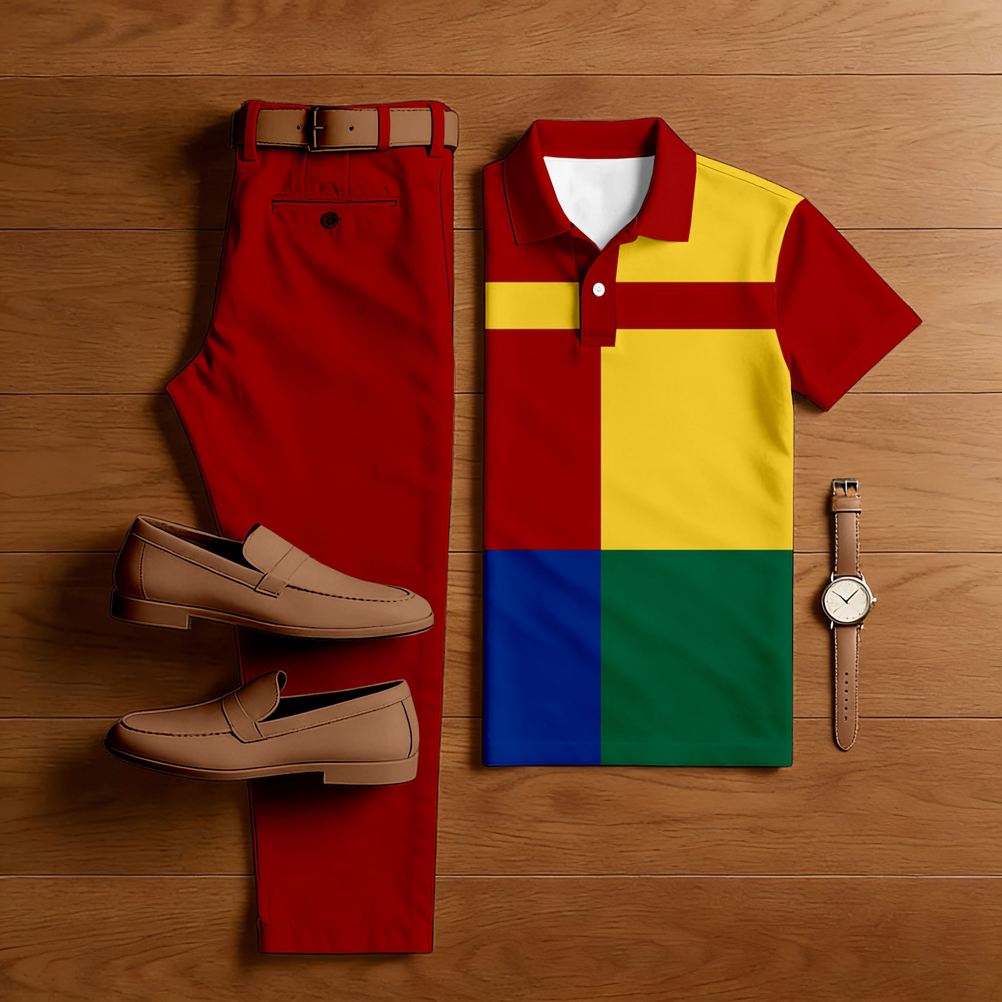 Conjunto de dos piezas casual Red & Yellow & Green Color Matching Geometric estampado de manga corta camisa polo & Trousers para hombre