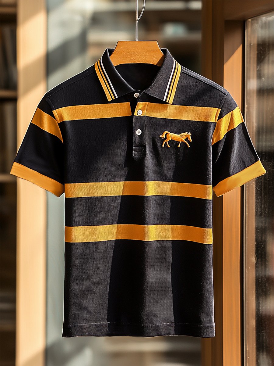 Camisa polo ejecutivo rayas Logo con botones de manga corta para hombre