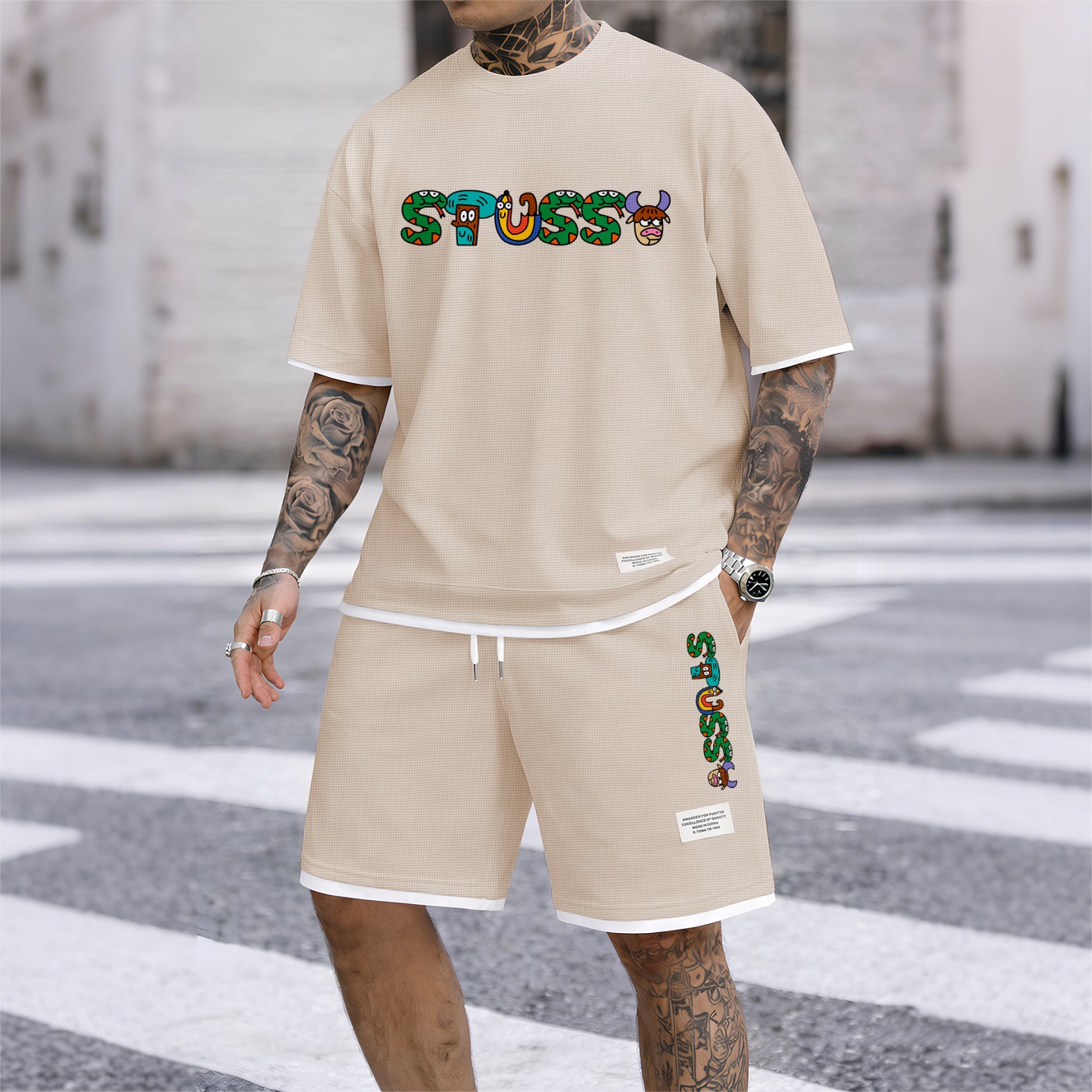 Camisa Y2K Cartoon estampado Waffle Fabric de manga corta And shorts Set para hombre