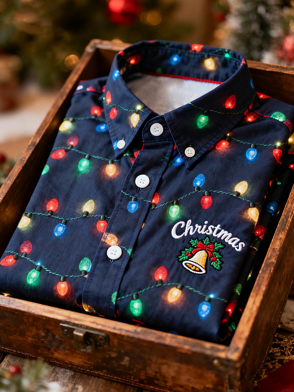 Camisa retro Christmas Lights Party estampado de manga larga para hombre