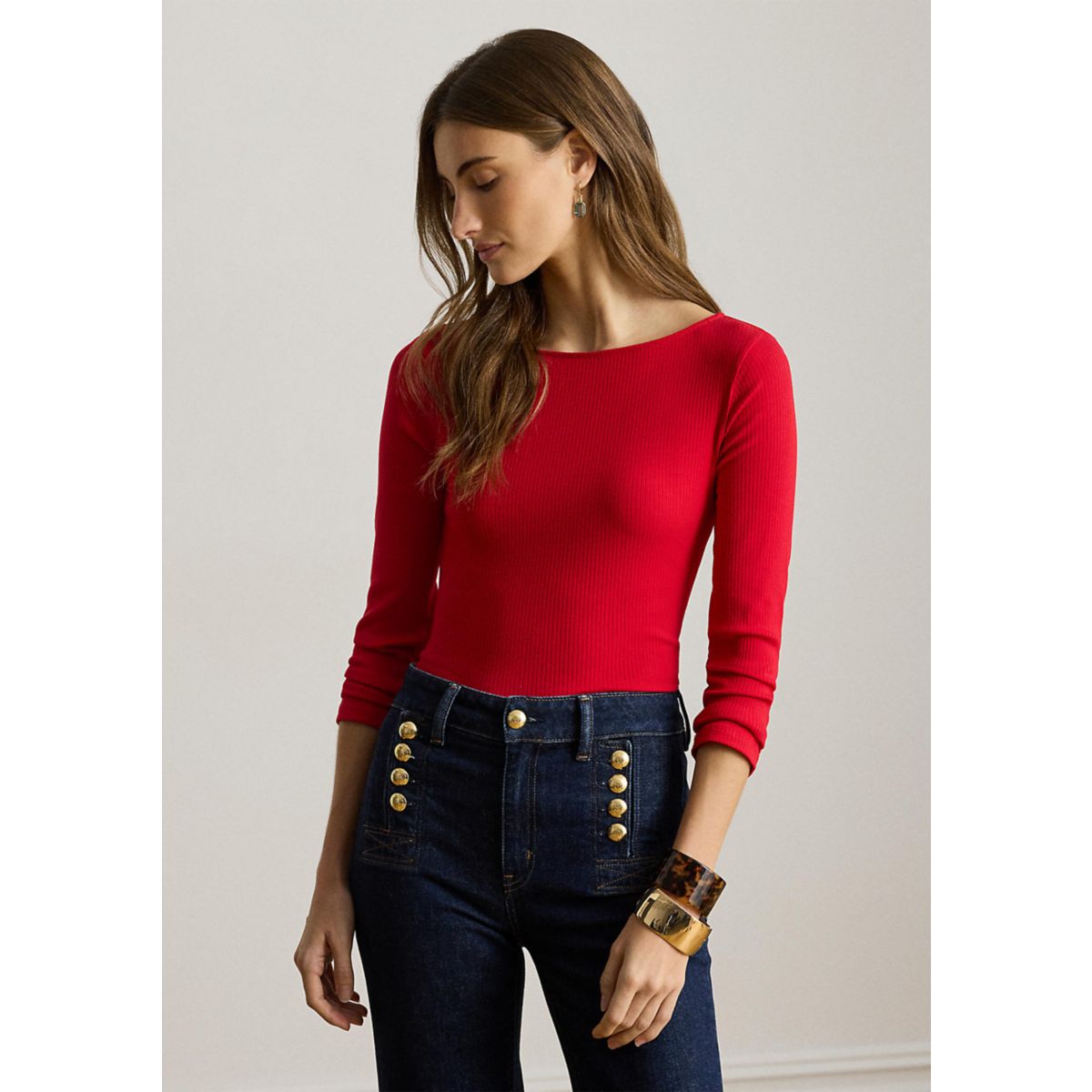 Women's Rib-Knit Cotton-Blend Boatneck T-Shirt - 1