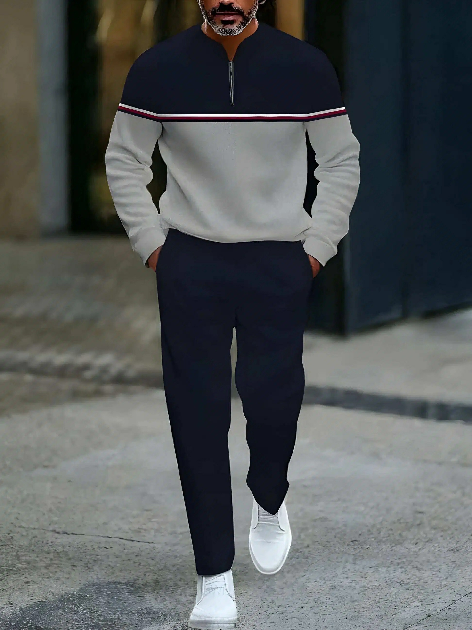 Conjunto de dos piezas casual Gray & Navy Blue Color Matching a rayas estampado Round-Neck cierre de manga larga Tops & Trousers para hombre