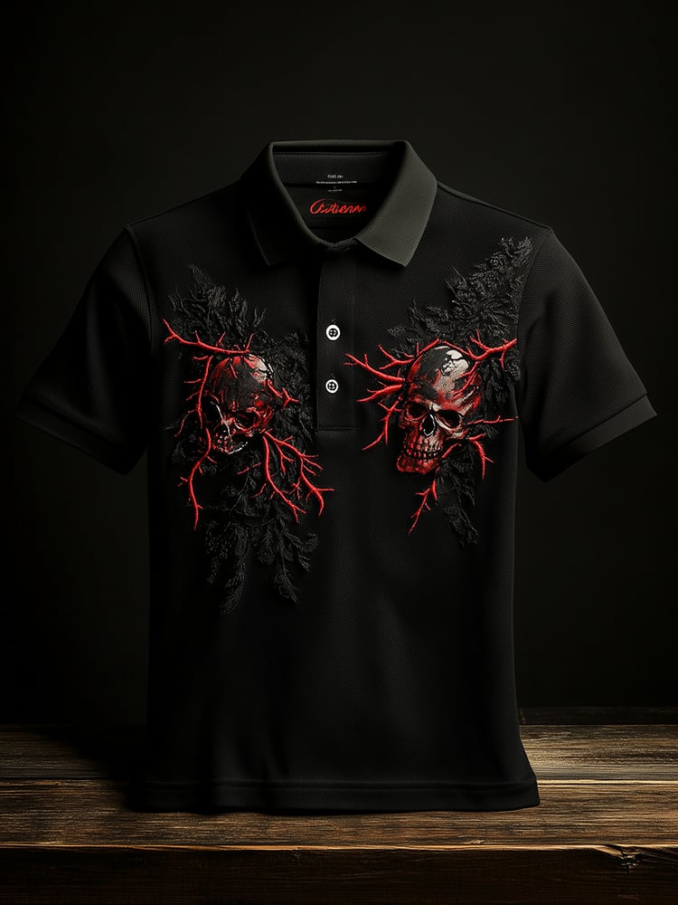 Camisa polo ejecutivo casual Skull estampado con botones para hombre