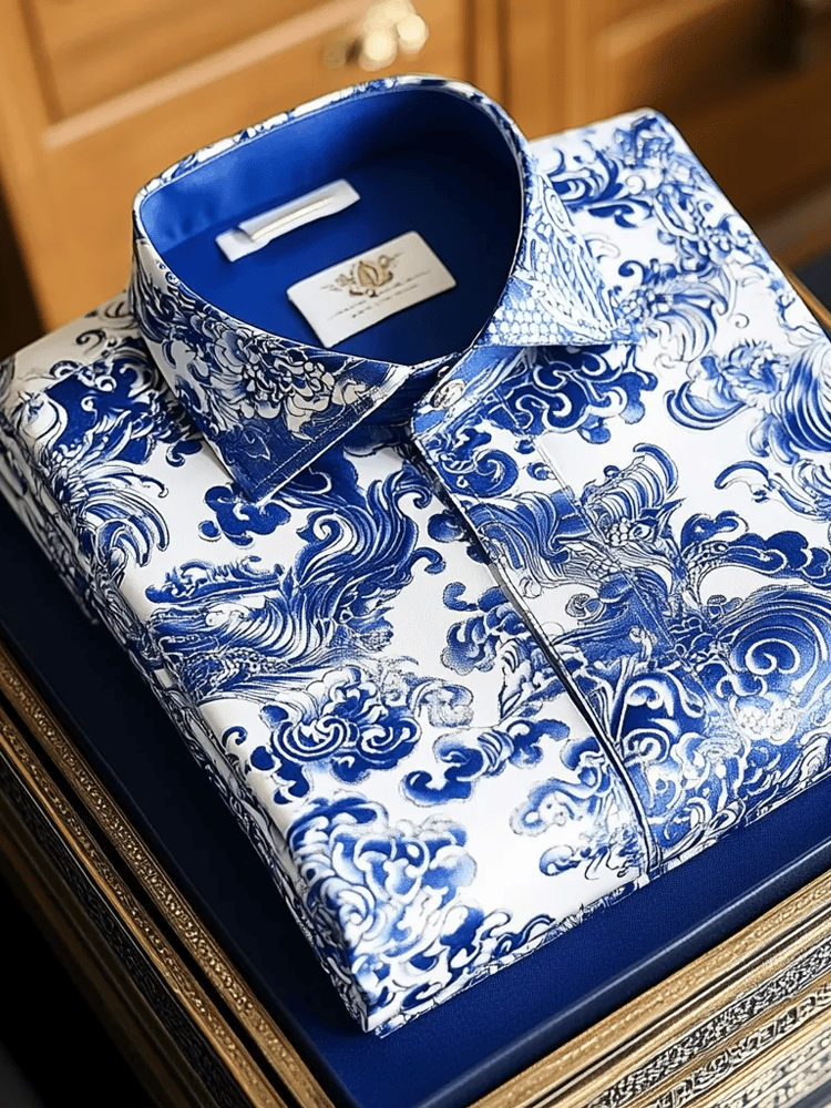 Camisa de lujo Romantic Contrast Color estampado de manga larga para hombre