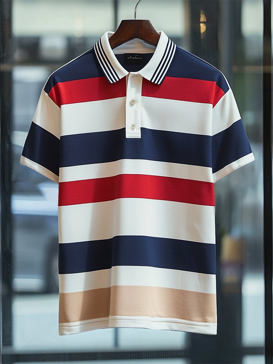 Camisa polo ejecutivo casual rayas estampado Button de manga corta para hombre