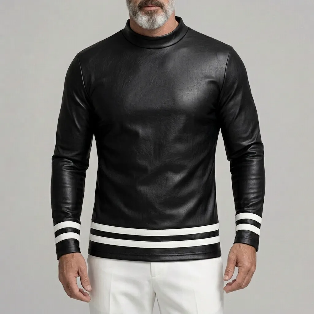 para hombre Black PU Leather Mock Neck Contrast a rayas Hem de manga larga camiseta
