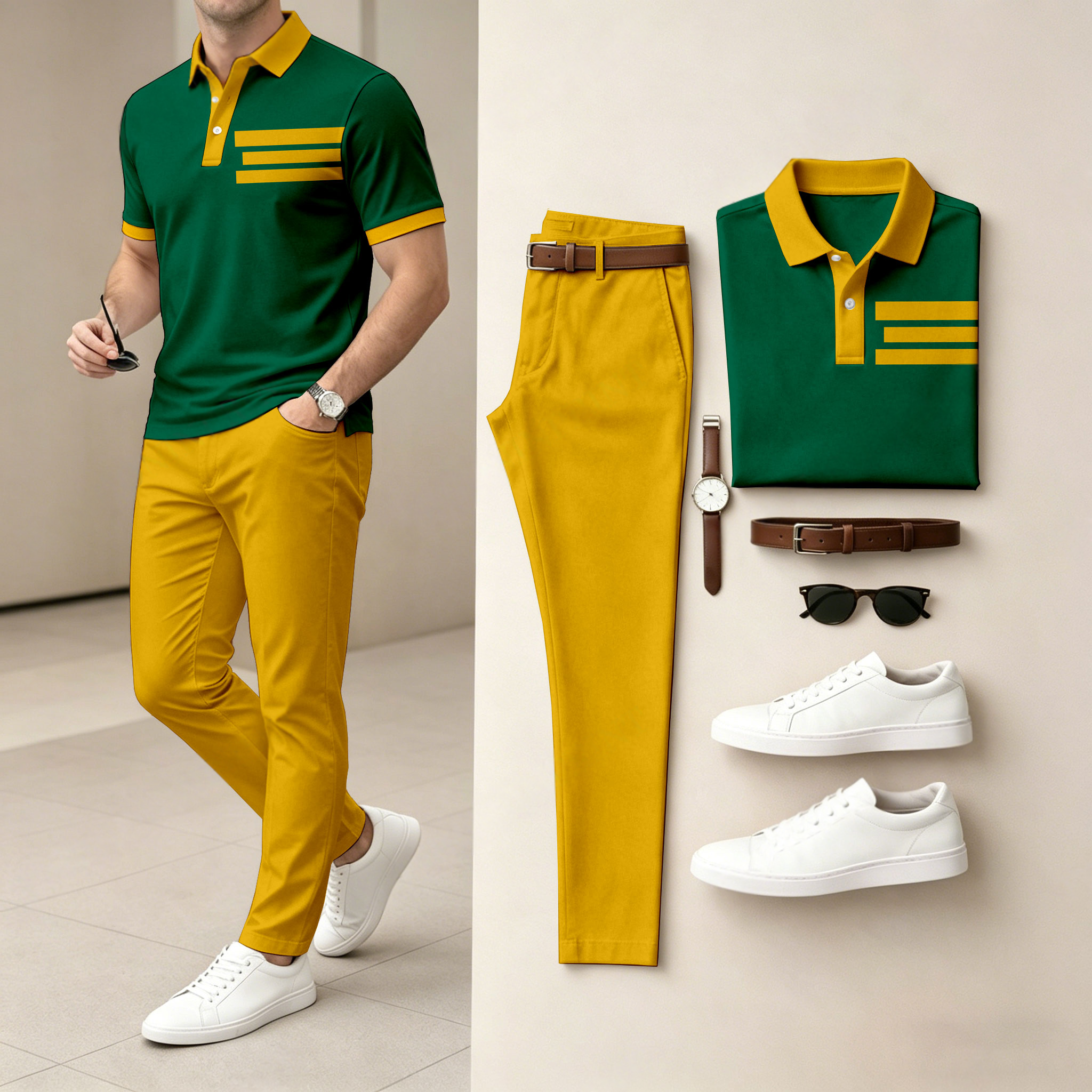 Camisa polo casual Color-Blocked estampado de manga corta And pantalón Set (Excludes Accessories Such As Watches And Belts) para hombre