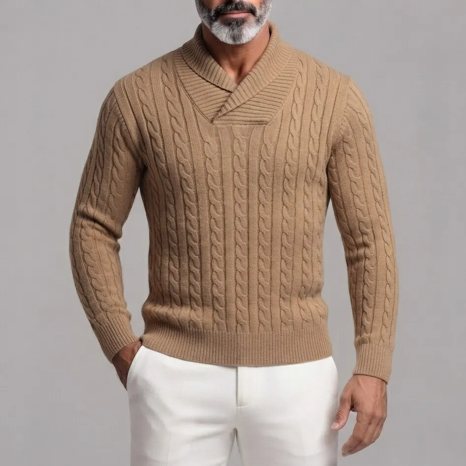 para hombre de color sólido Cable tejido Shawl Collar de corte entallado Pullover Sweater