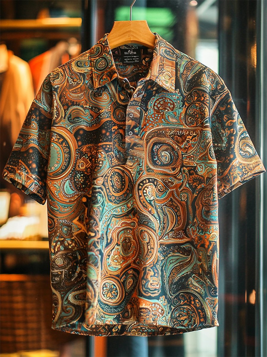 Camisa polo ejecutivo casual Paisley estampado Button de manga corta para hombre