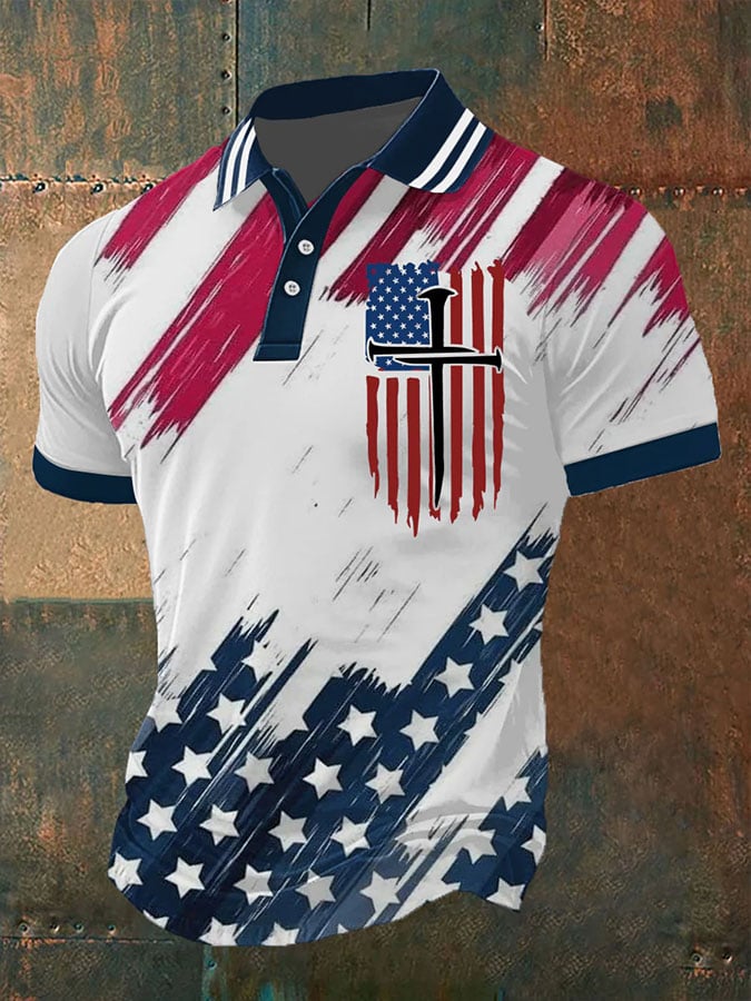 Camisa polo retro Faith Flag Cross estampado casual para hombre