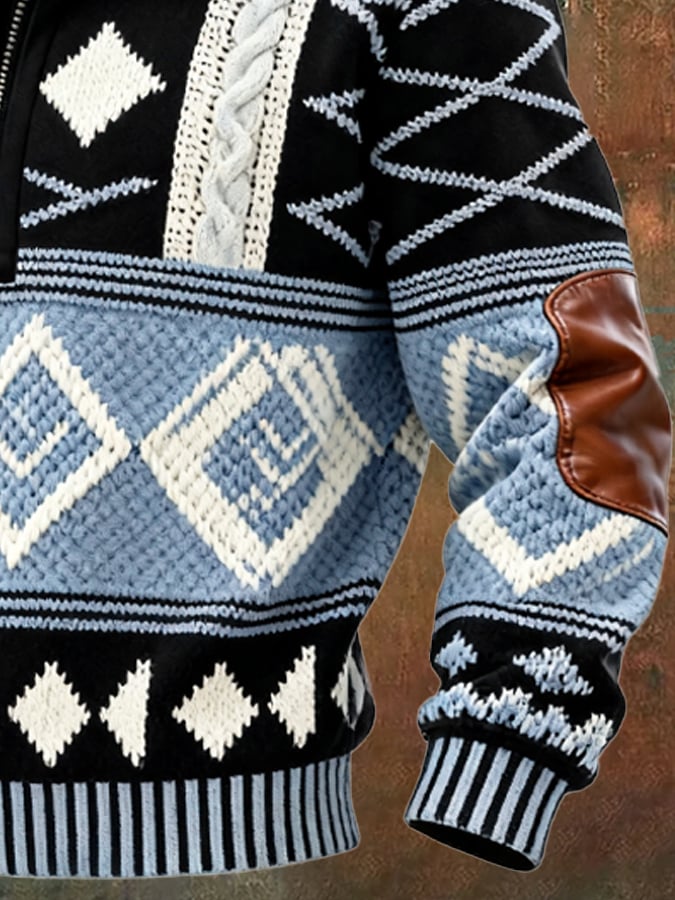 Sudadera retro en bloques de color estampado casual Fur cuello para hombre