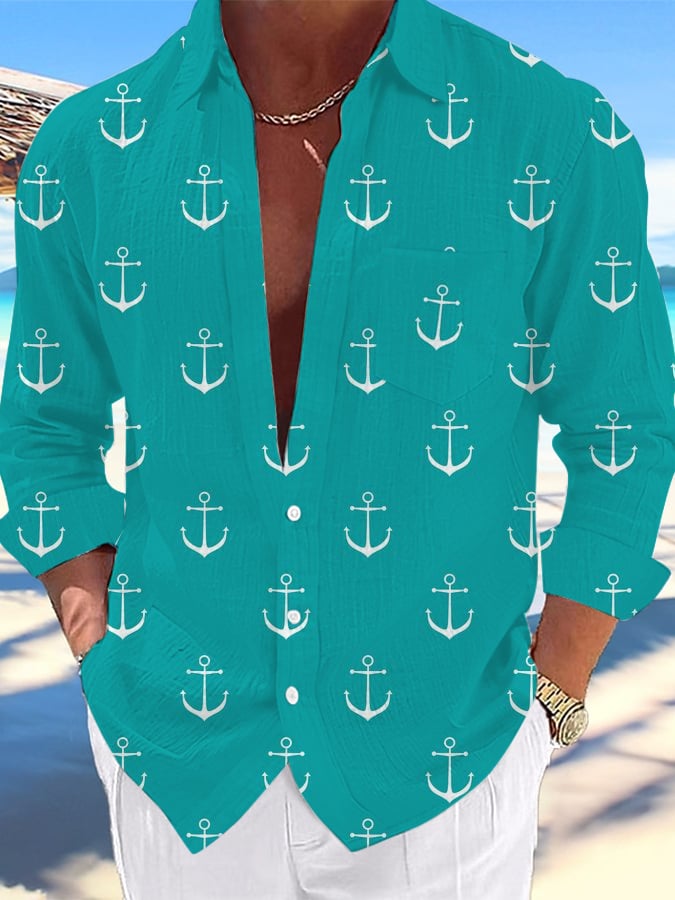 Camisa Nautical Design estampado Lapel Pocket casual para hombre
