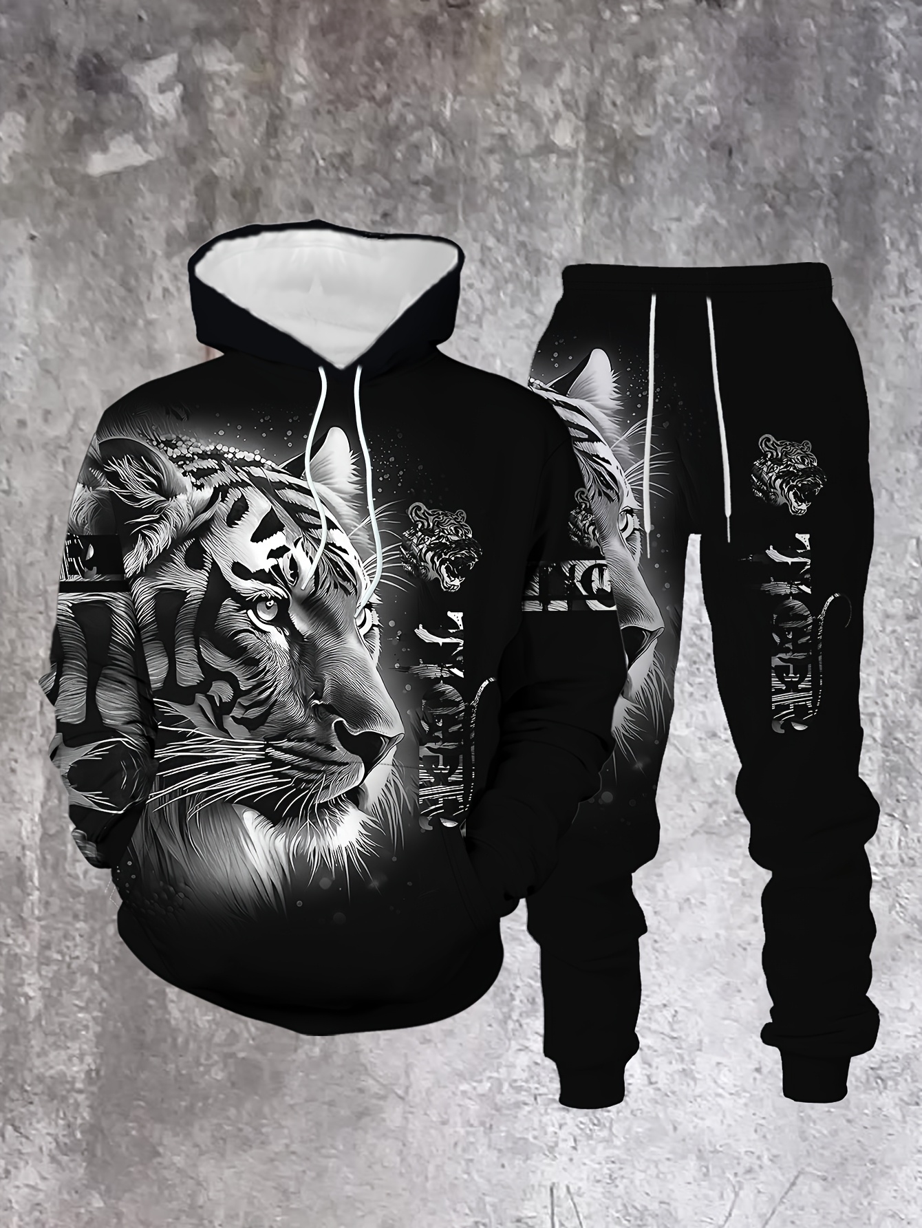 Conjunto de dos piezas casual “Tiger" estampado sudadera con capuchas de manga larga sudaderas & Sweatpantalón para hombre