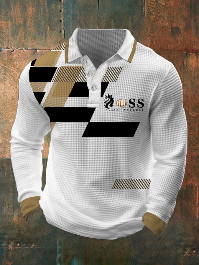 Camisa polo retro Letter Design Waffle Fabric de manga larga para hombre