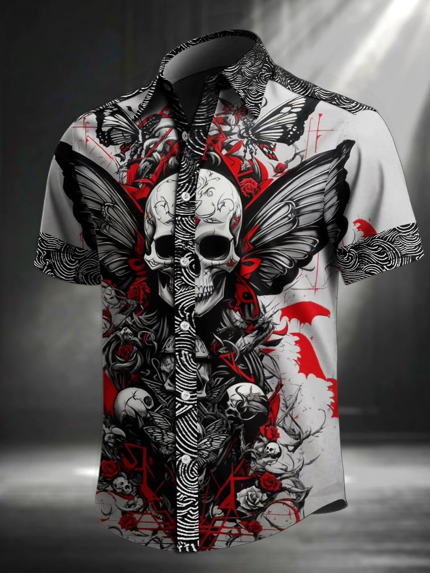 Camisa retro Skull estampado solapa de manga corta para hombre