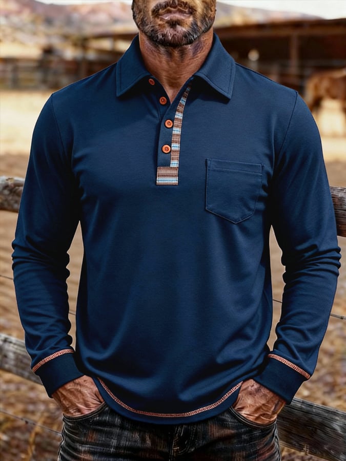 Camisa polo vintage Color-Block de manga larga para hombre