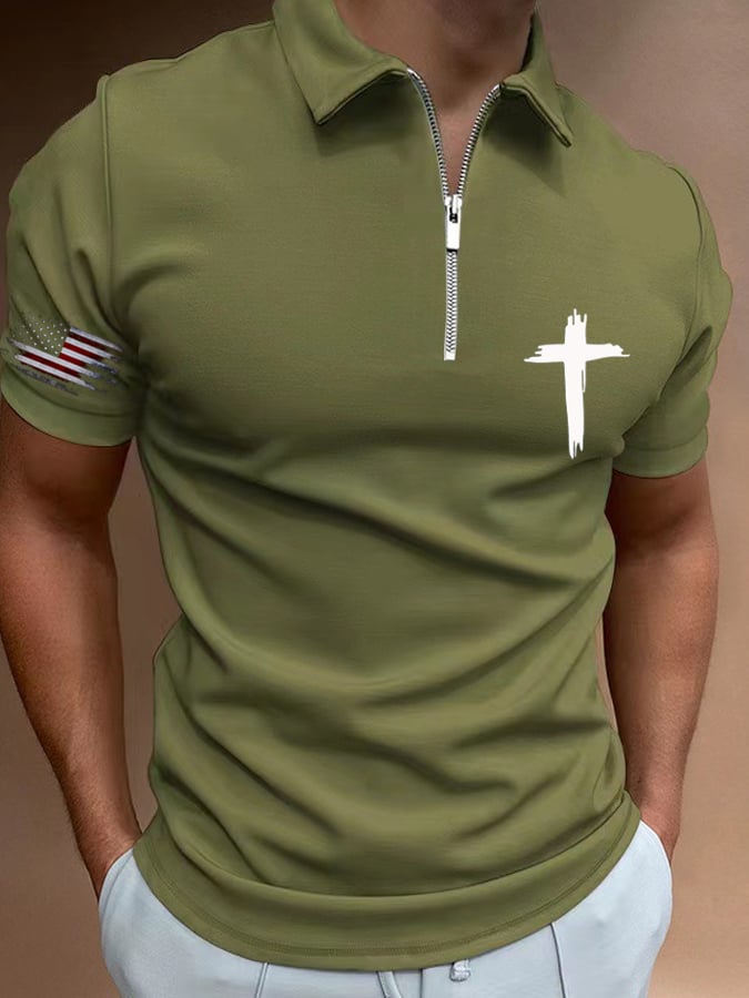 Camisa polo Flag Cross estampado casual para hombre