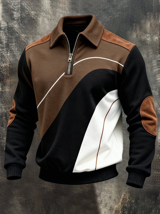 Sudadera retro en bloques de color estampado Color-Blocked con cierre para hombre