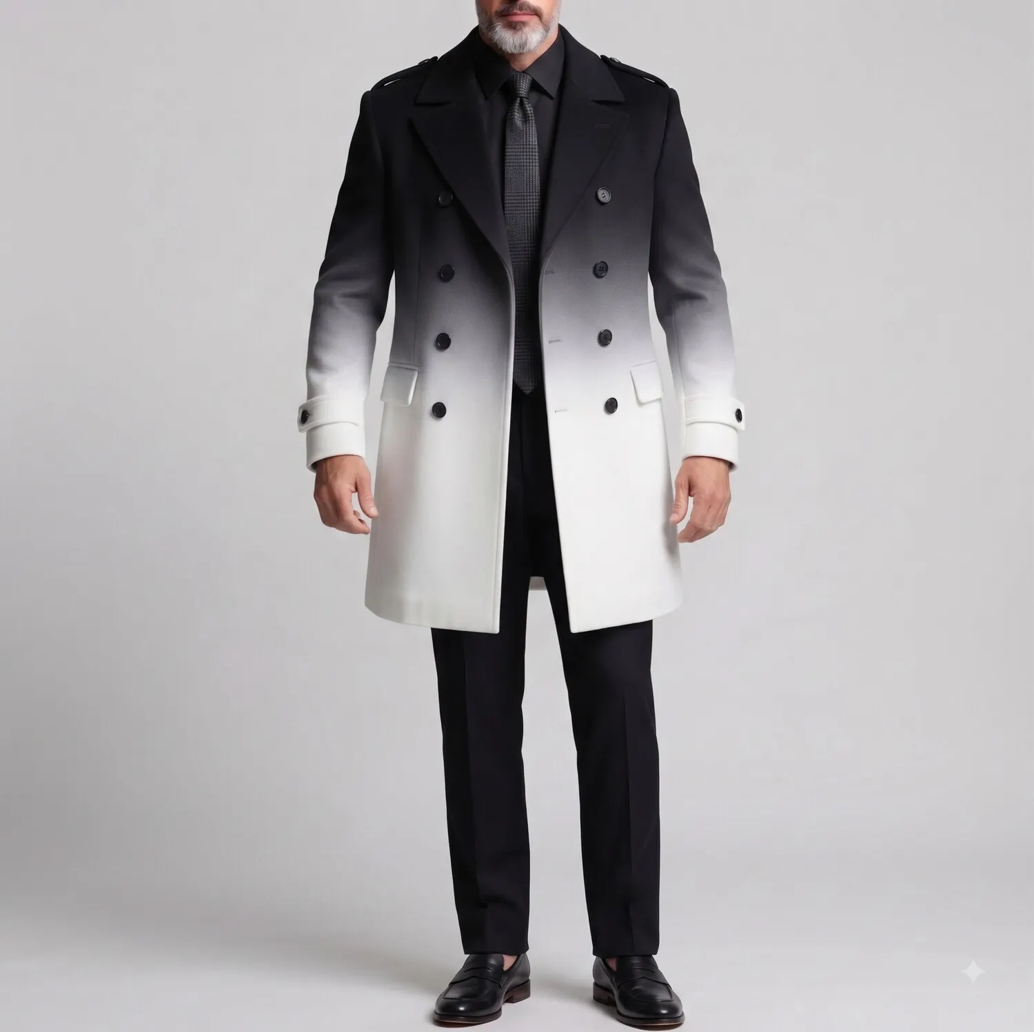 para hombre Black And White Gradient Double Breasted Notch Lapel Woolen Trench Coat