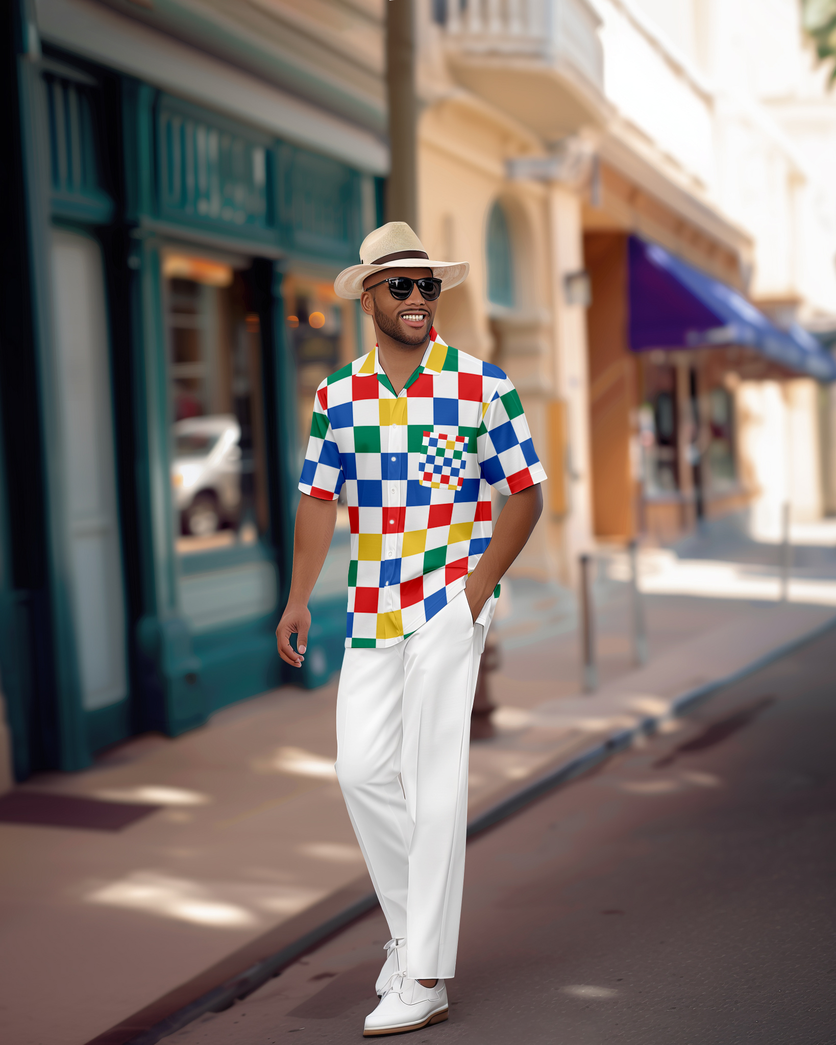 Camisa retro Colorblock de manga corta Walking Suit 1153 para hombre