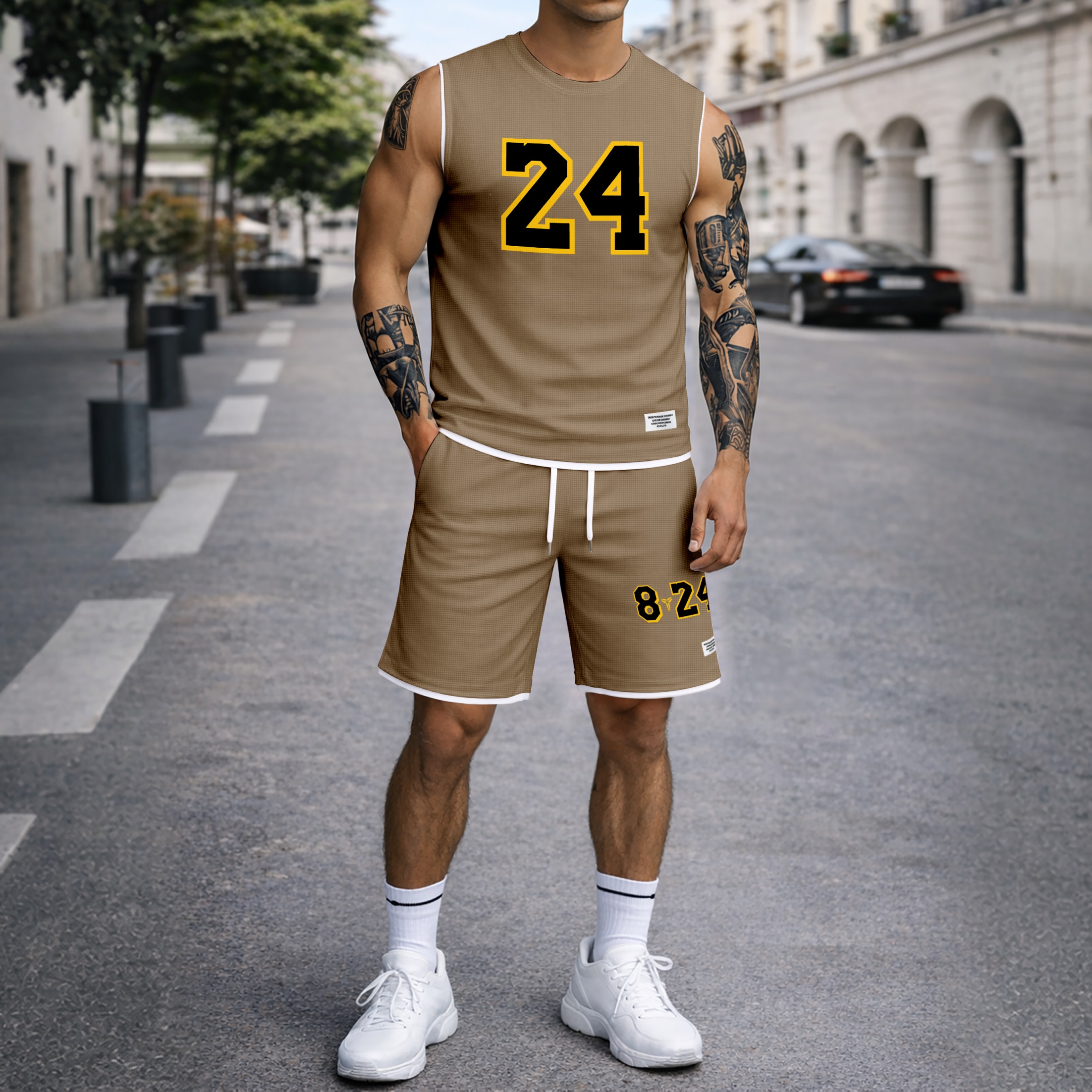 Shorts Number 24 Graphic estampado Summer Set Sleeveless Tank Top & Matching Outfit, Basketball Style Double Number estampado Lightweight casual Streetwear Athletic Set for Everyday & para trabajoout para hombre