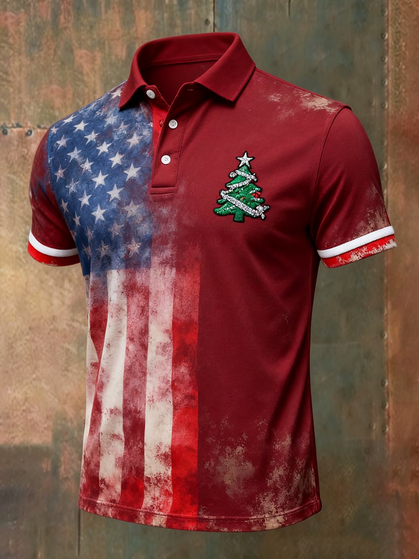 Camisa polo vintage Christmas American Flag con botones de manga corta para hombre