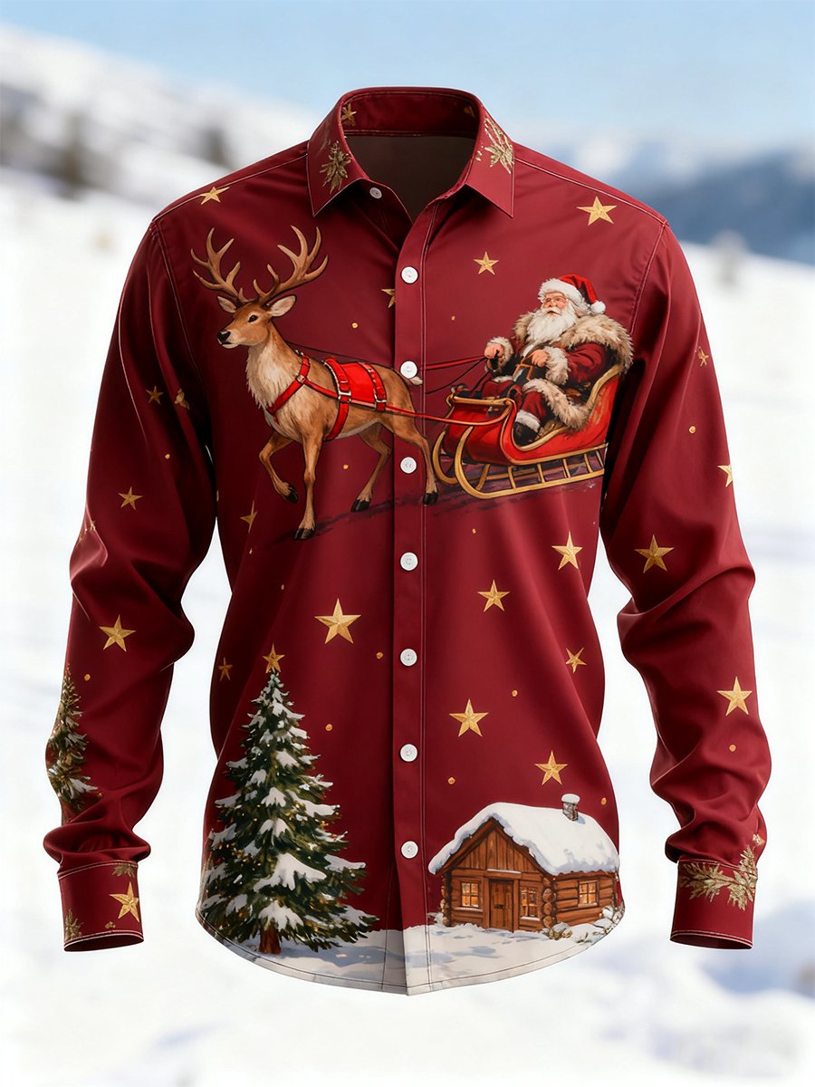 Camisa vintage Christmas Art de manga larga para hombre
