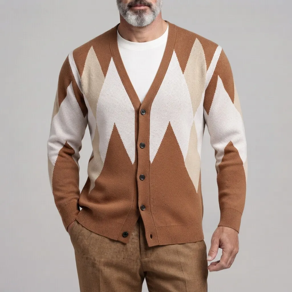 para hombre vintage Brown Argyle Pattern V Neck Button Up de manga larga tejido Cardigan
