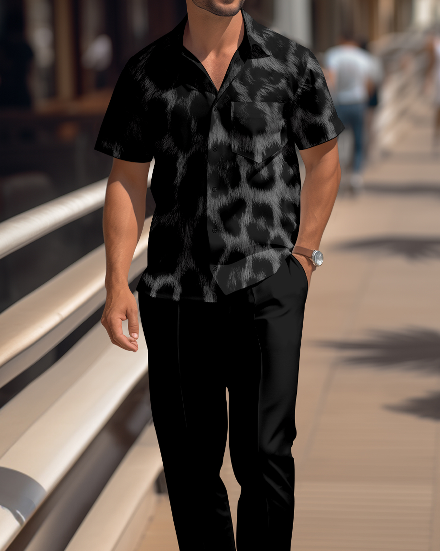 Camisa Red Leopard estampado de manga corta Walking Suit 1673 para hombre