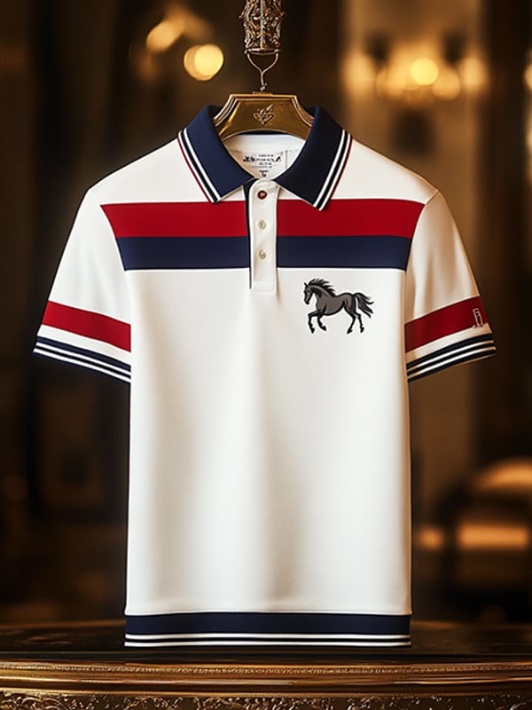 Camisa polo ejecutivo rayas Logo con botones de manga corta para hombre