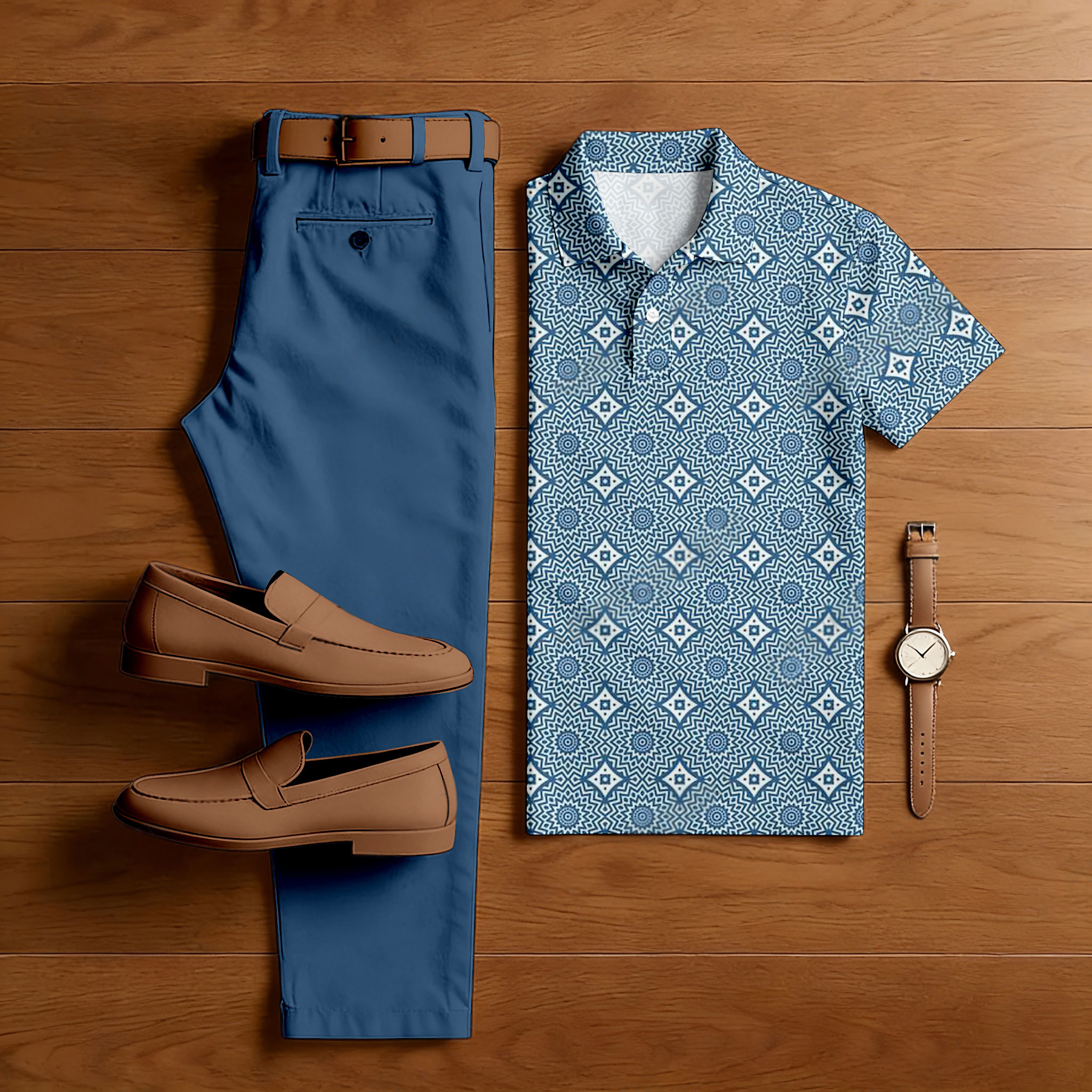Conjunto de dos piezas casual Blue & White Color Matching Ethnic Style estampado de manga corta camisa polo & Trousers para hombre