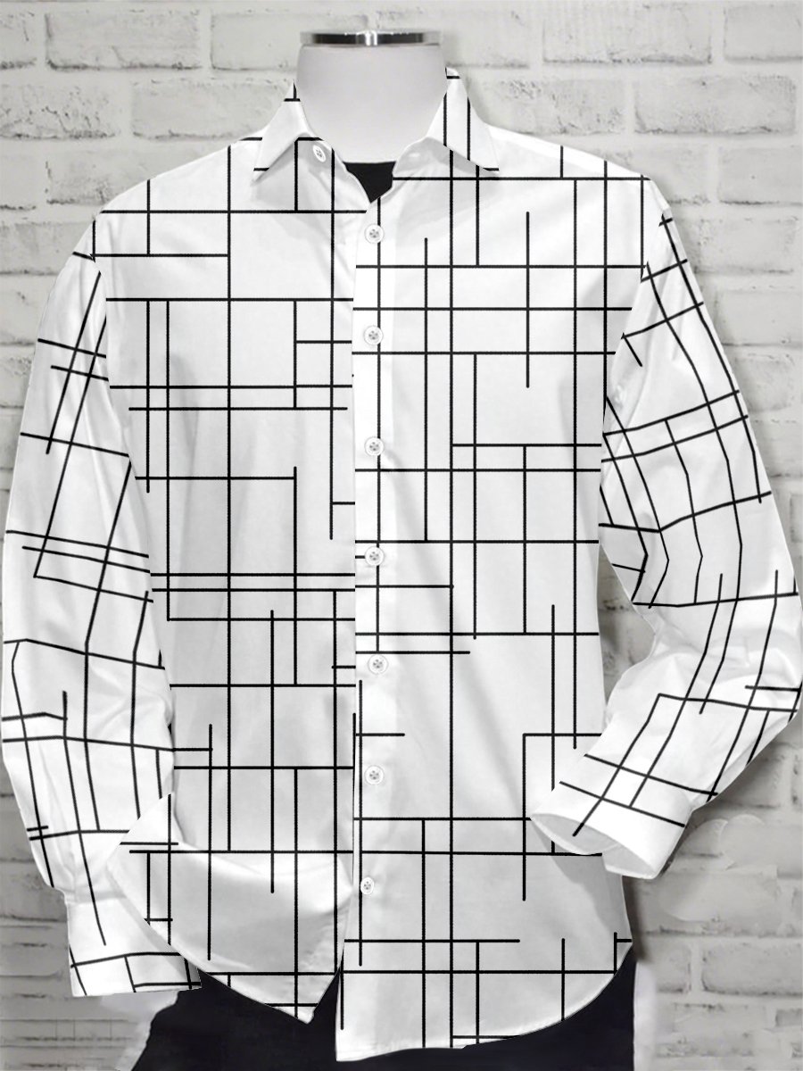Camisa retro casual geométrico Art de manga larga para hombre