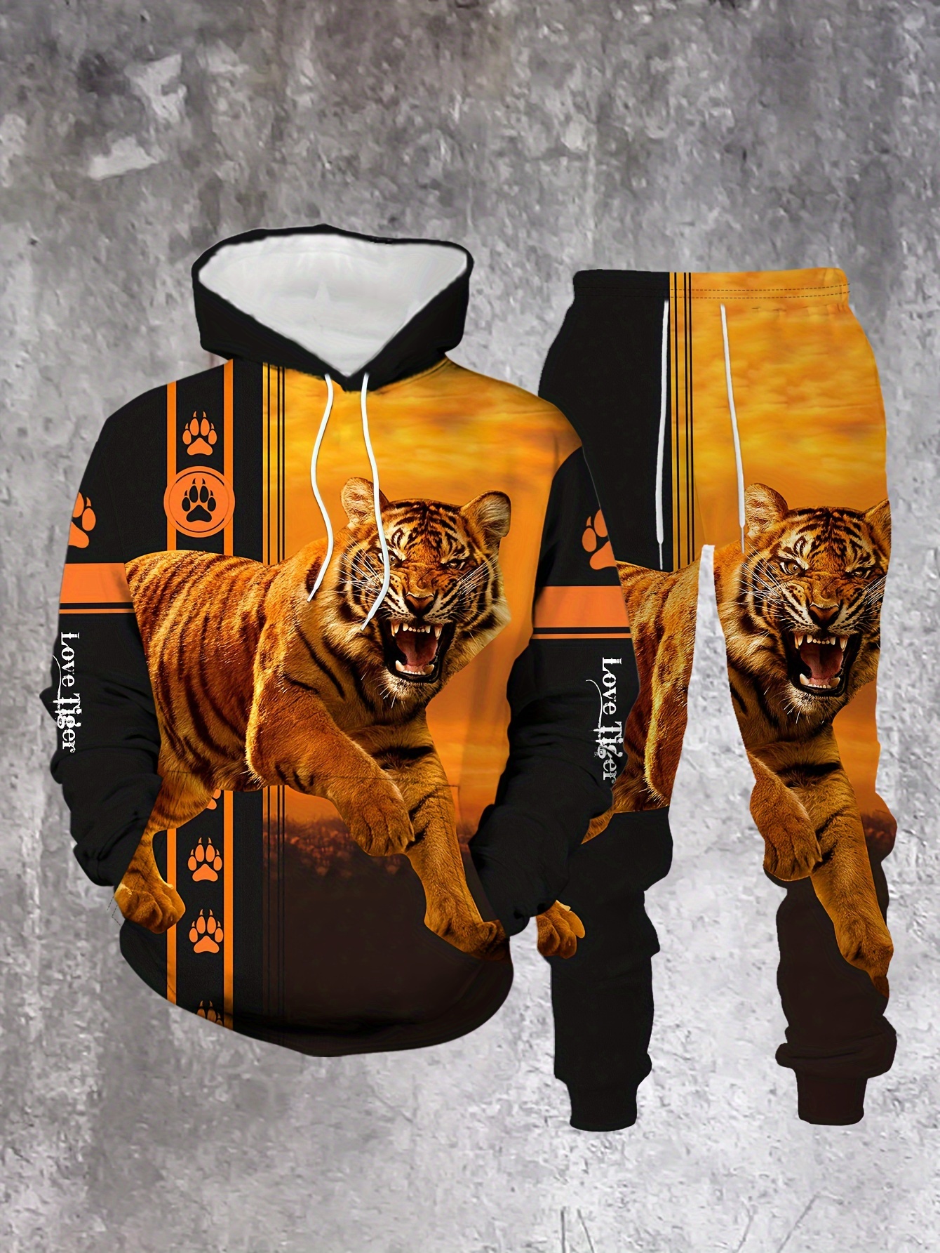 Conjunto de dos piezas casual “The Tiger“ estampado sudadera con capuchas de manga larga sudaderas & Sweatpantalón para hombre