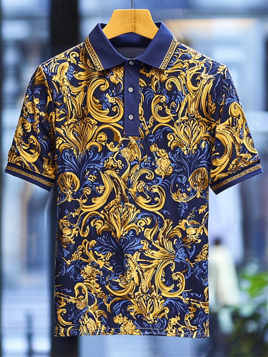 Camisa polo ejecutivo de lujo Baroque Art Button de manga corta para hombre