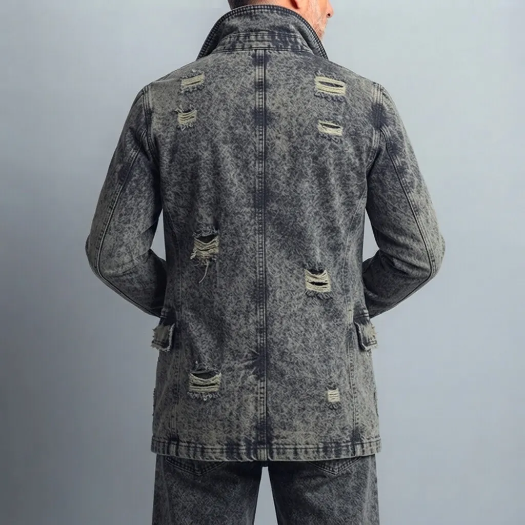 para hombre vintage Notched Lapel Single Breasted Wash Distressed Ripped Frayed Pocket de manga larga Denim chaqueta