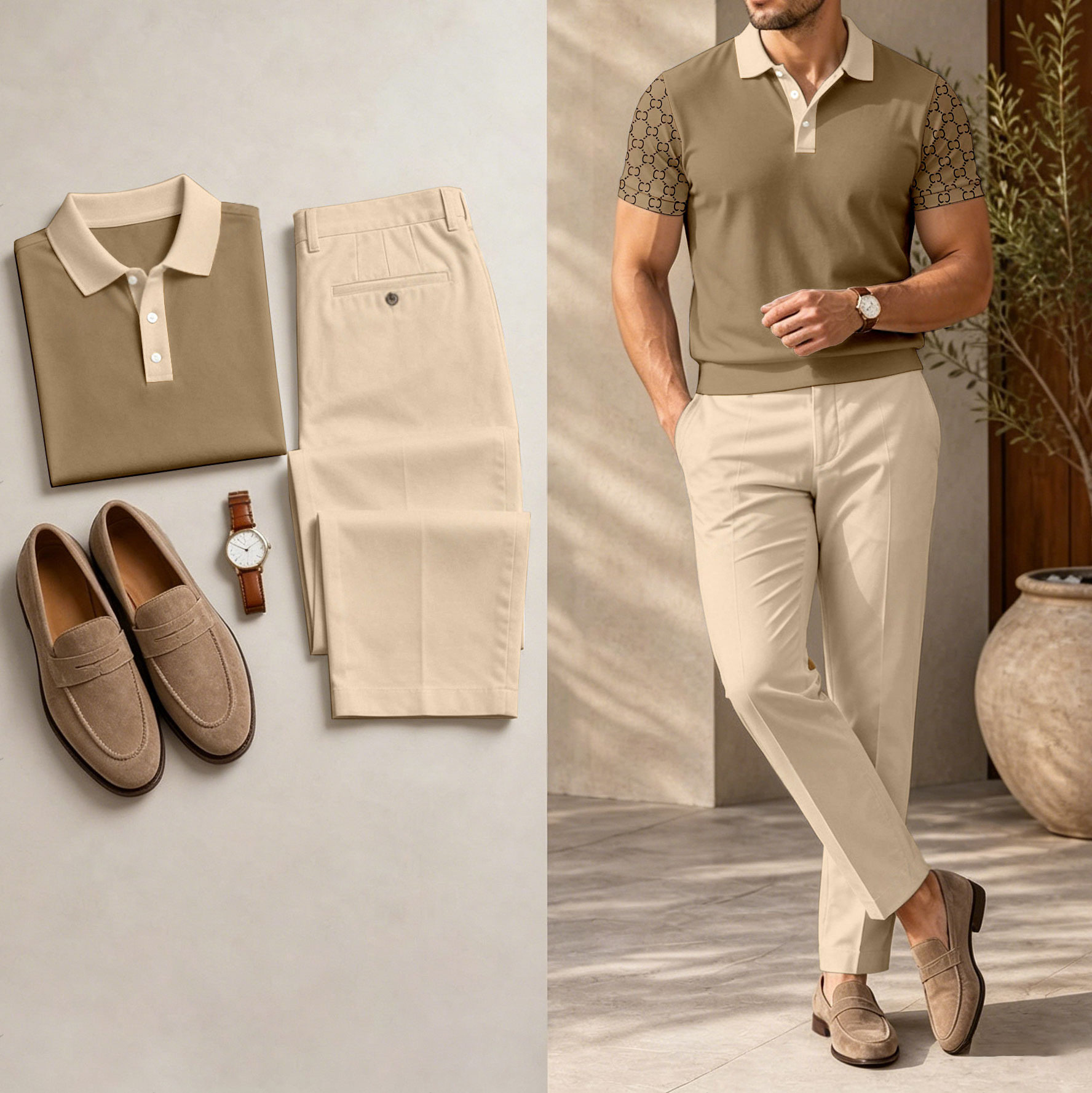 Conjunto de dos piezas casual Brown a cuadros estampado camisa polo And pantalón para hombre