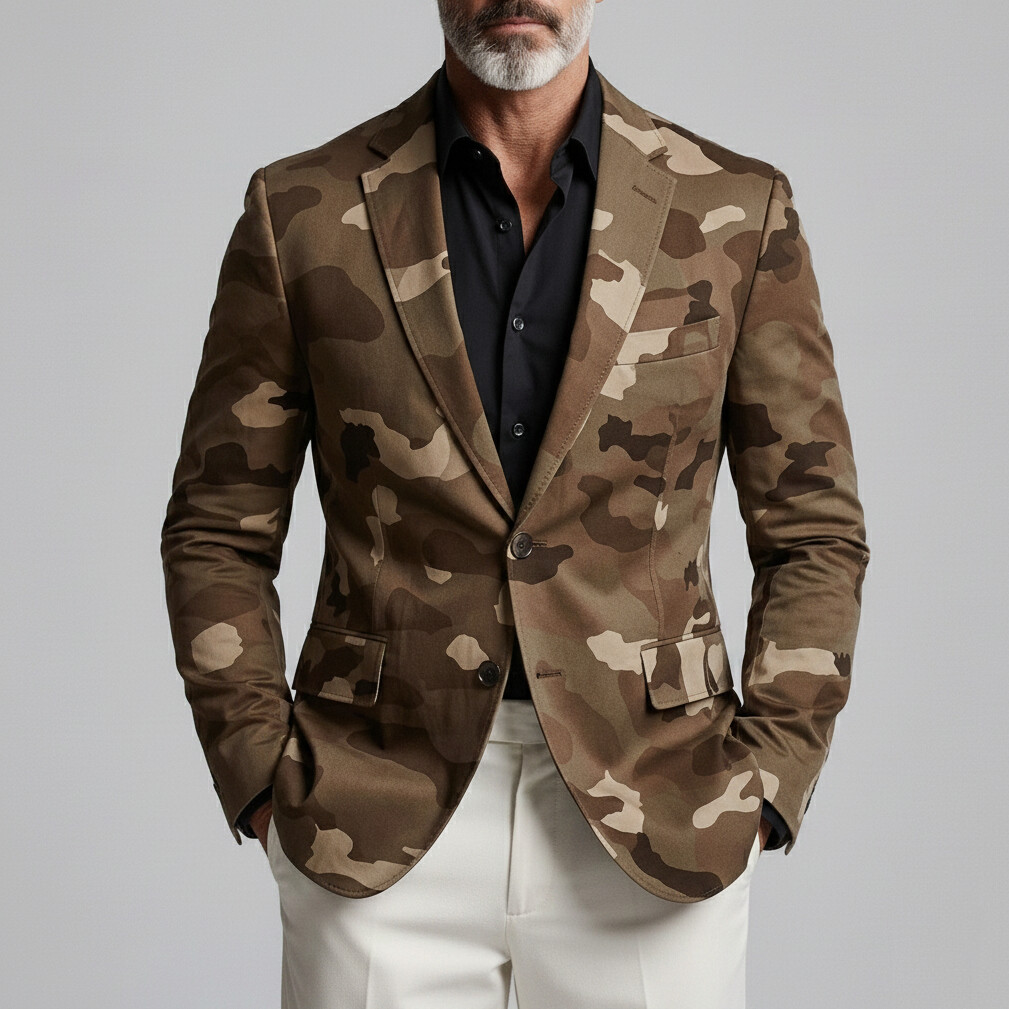 Saco retro Camouflage estampado Notched Lapel Two Button Slim de manga larga para hombre