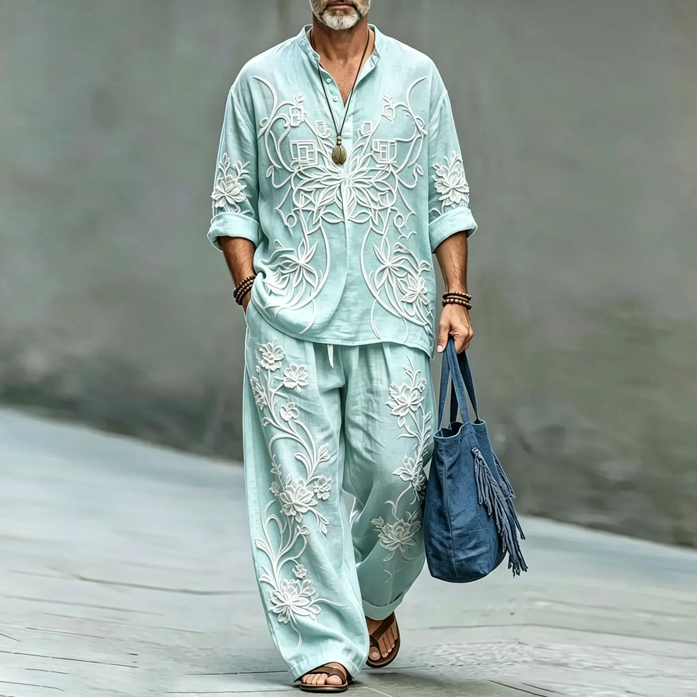 para hombre floral Stand-Collar camisa polo and Long pantalón Two-Piece Suit Set