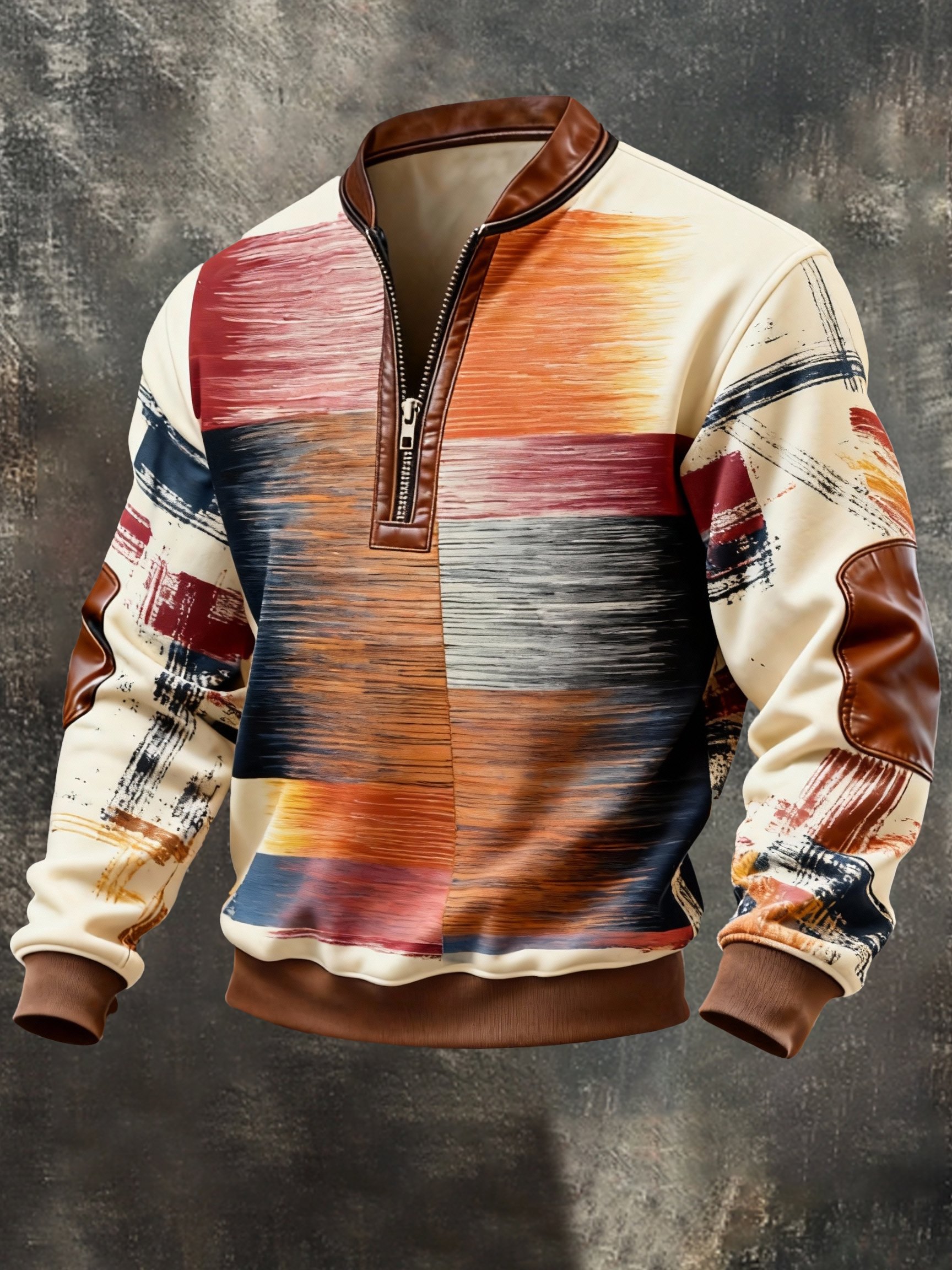 Sudadera vintage Color-Block estampado con cierre con gorrasucha para hombre