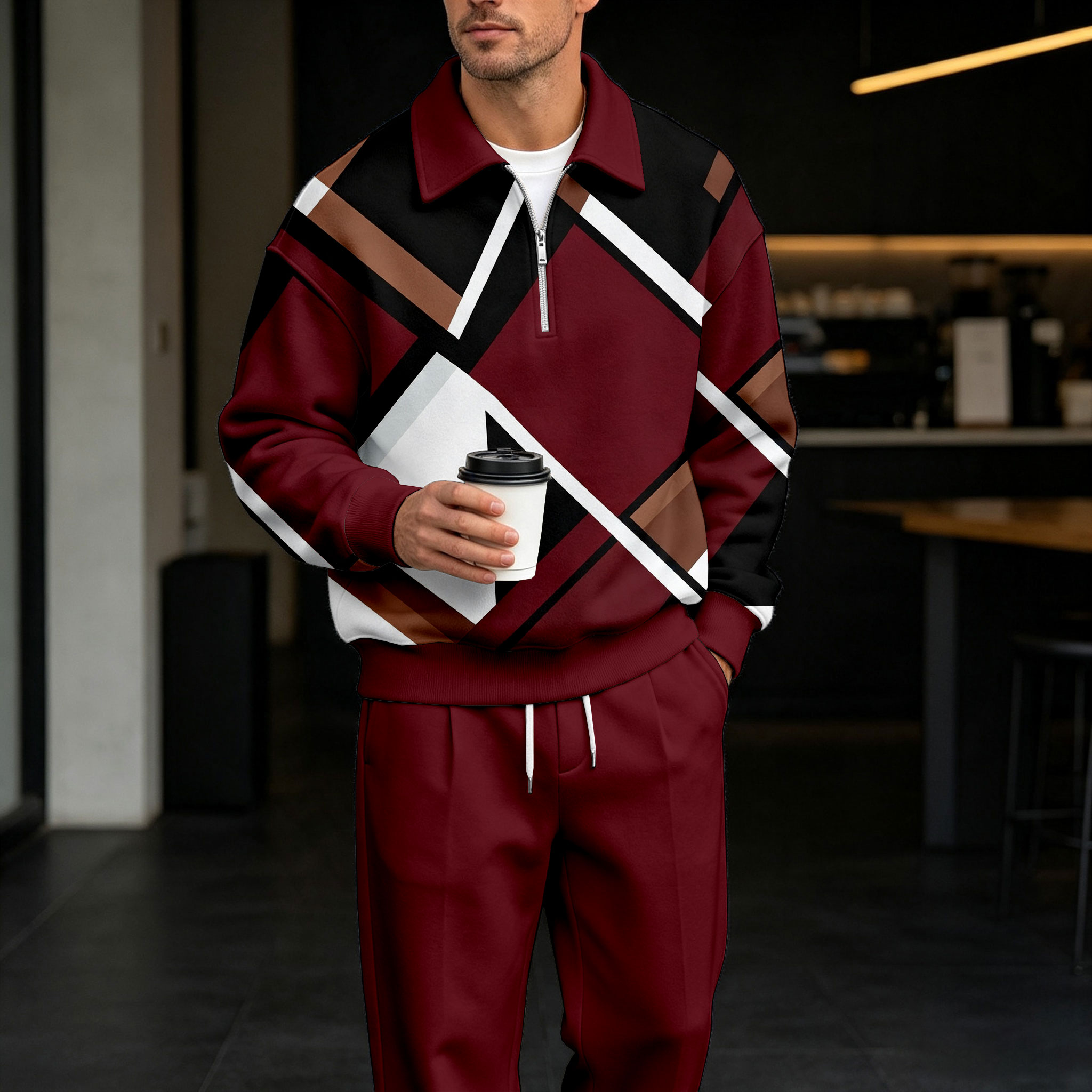 para hombre Multi-en bloques de colored Zipper camisa polo and pantalón Set