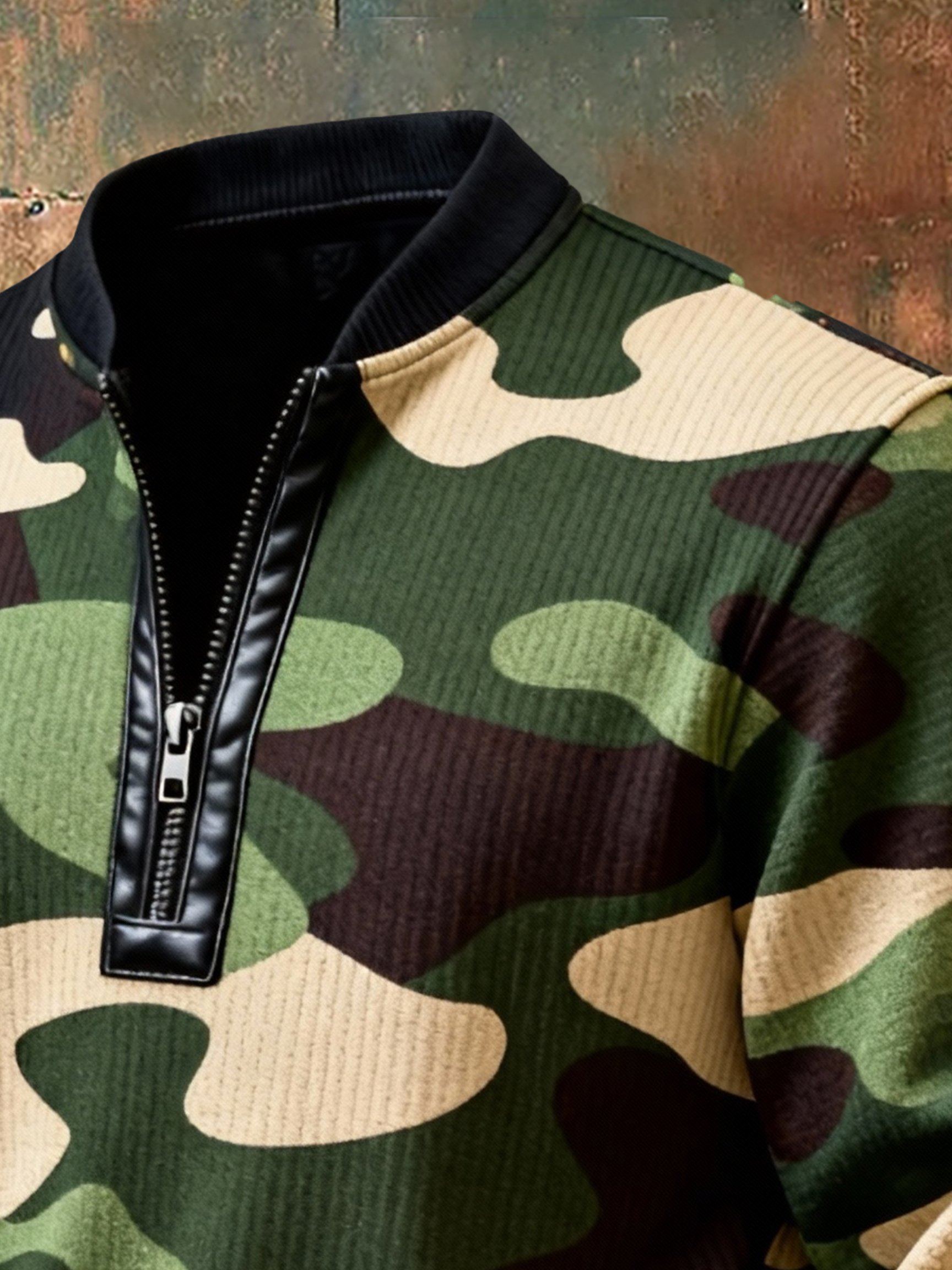 Sudadera casual retro Contrast Color Half Zip Stand cuello de manga larga para hombre