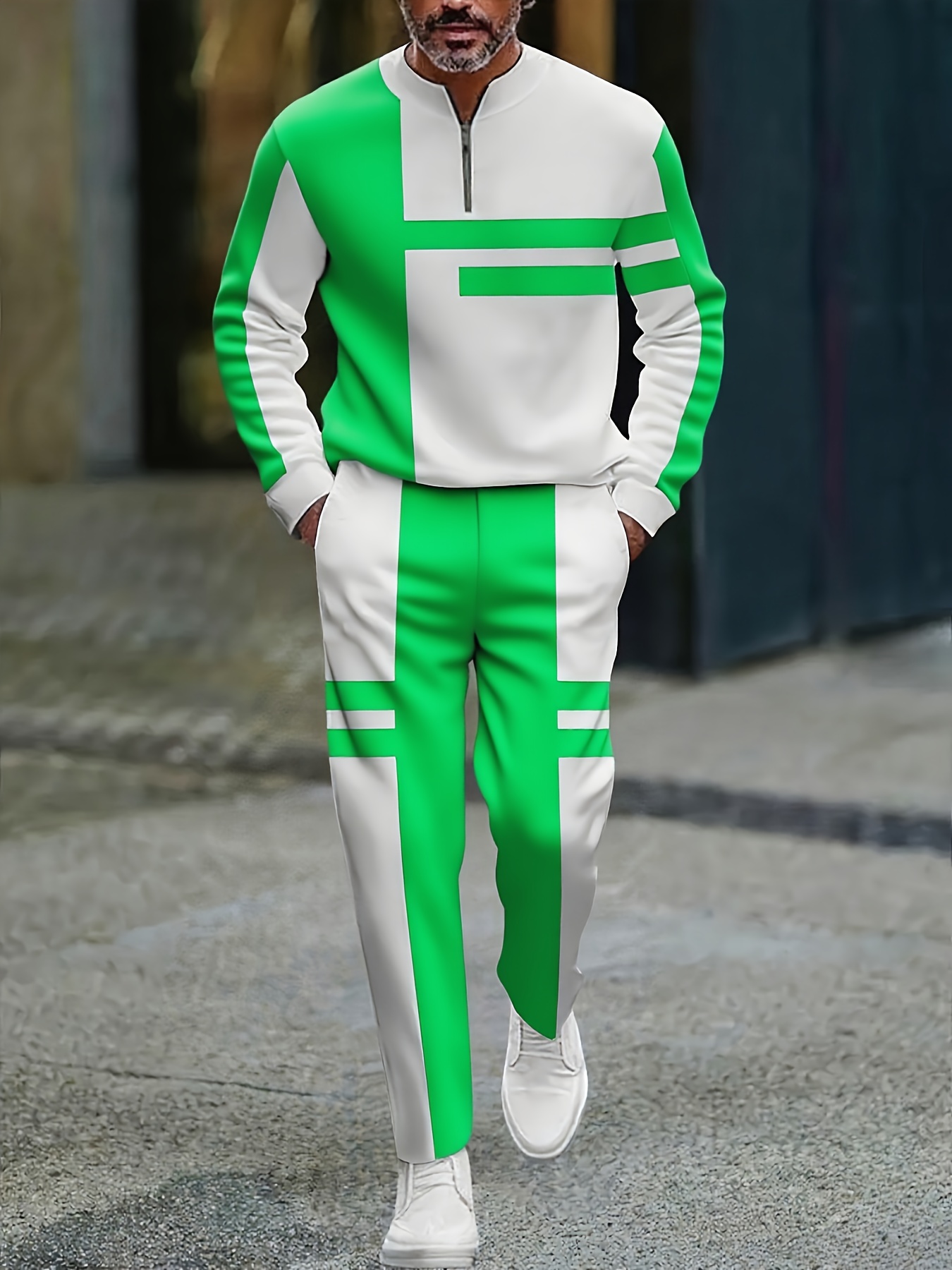 Conjunto de dos piezas casual Green & White Color Matching a rayas estampado Round-Neck Zipper de manga larga Trousers para hombre