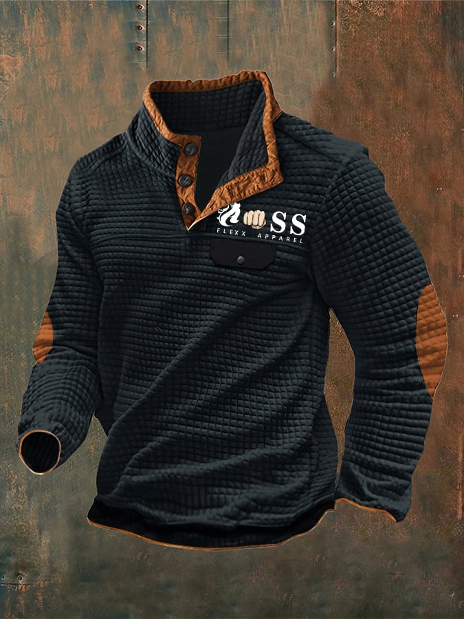 Sudadera vintage Lettering estampado Stand cuello Check Button para hombre