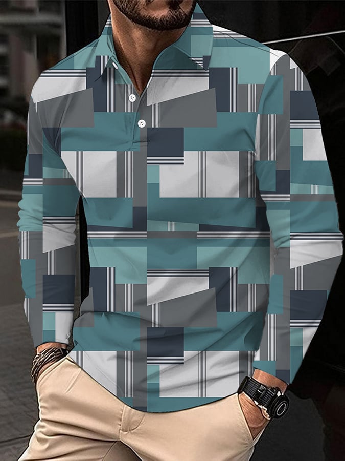 Ejecutivo Style geométrico estampado de manga larga Polo para hombre