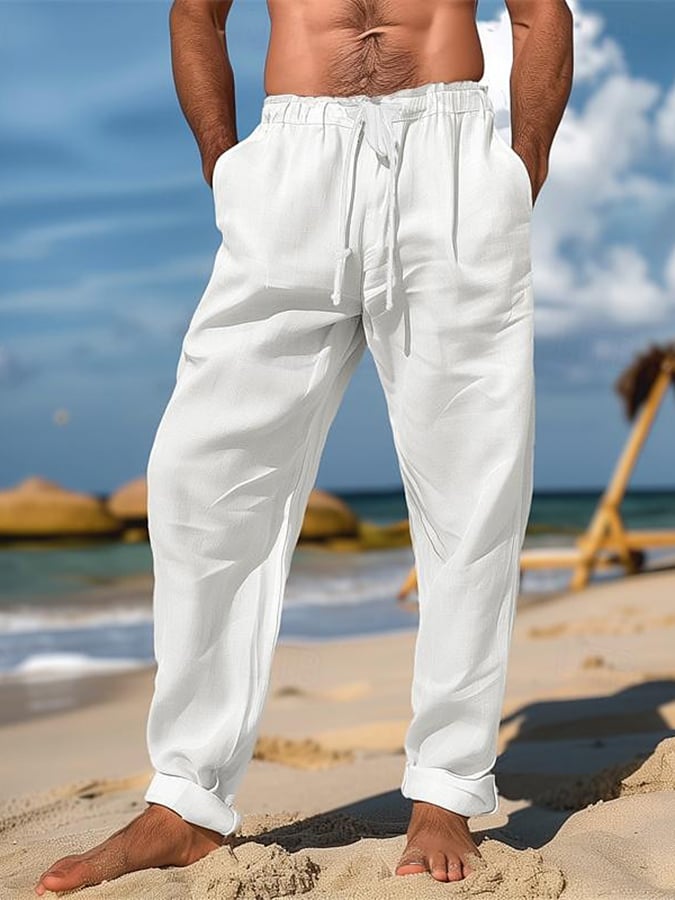 Pantalón retro de color sólido Design Elastic Waist Lace-Up casual para hombre