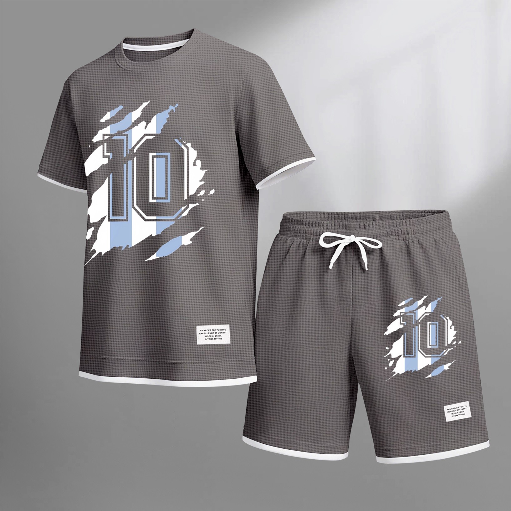 Camisa clásico number 10 estampado drawstring shorts set, suitable for spring and summer wear. This casual summer set includes a de manga corta and shorts, perfect for everyday wear and sports. para hombre