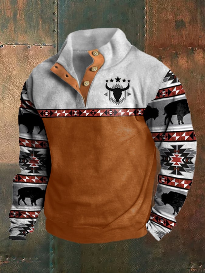 Sudadera Western Style estampado Stand cuello Button para hombre