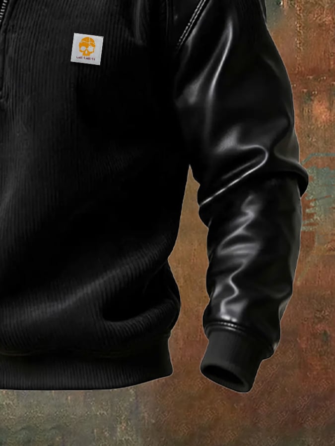Sudadera vintage pana cuero Stitching cierre Fur cuello para hombre