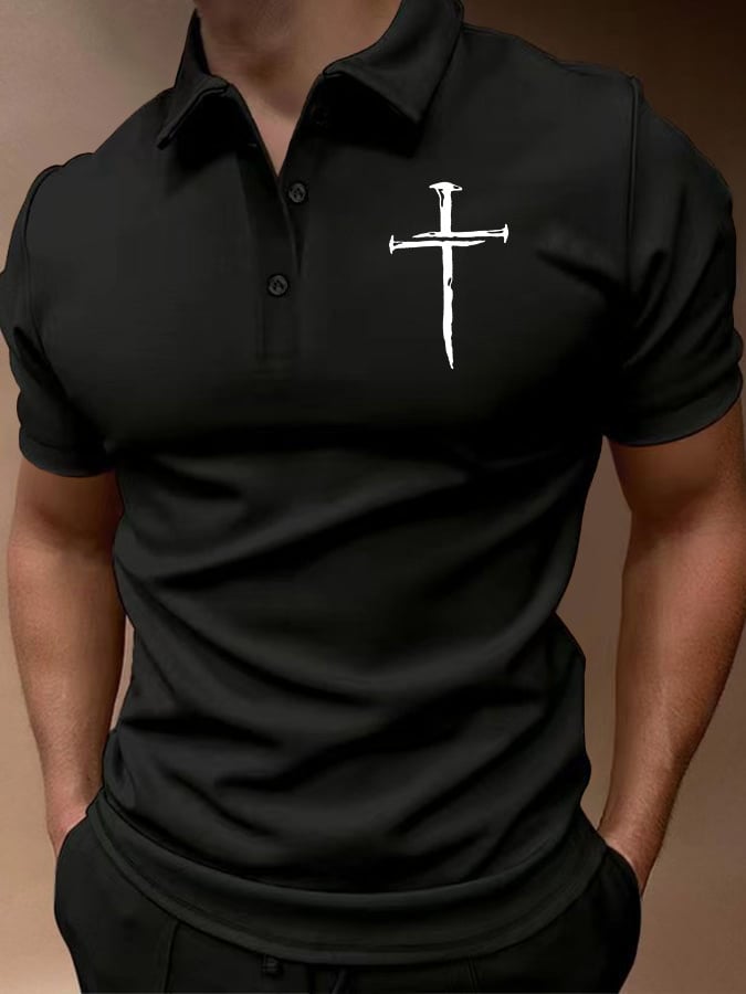 Casual Cross estampado Button cuello Polo Top para hombre