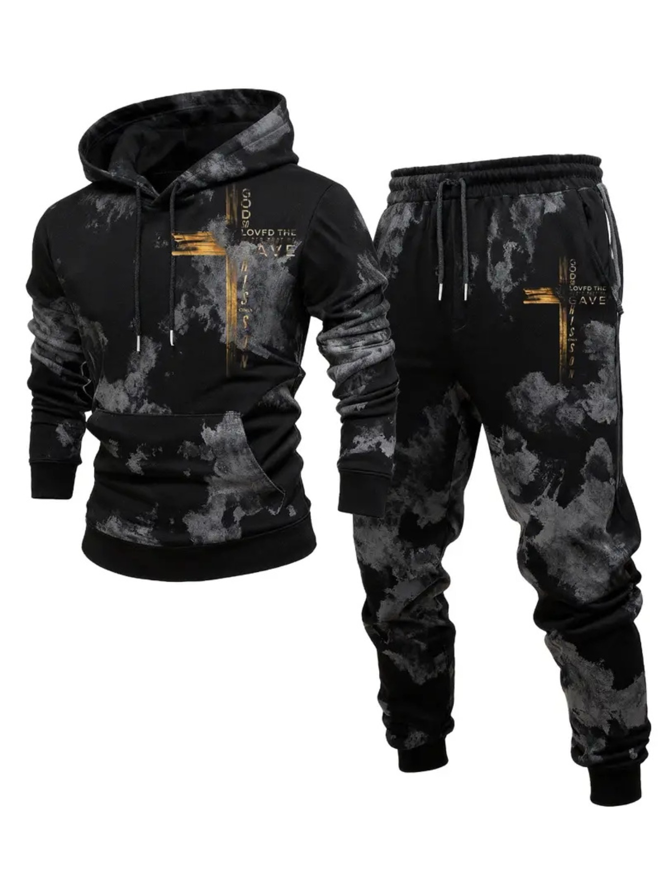 para hombre casual Black & Gray Color Matching estampado sudadera con capuchas de manga largad Sweacamisetas & Sweatpantalón conjunto de dos piezas